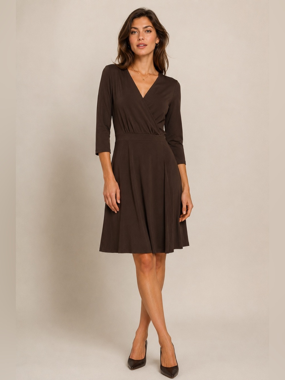 Sigrid Olsen Brown Faux Wrap Dress Small 3/4 Sleeve Knee Length Career Office